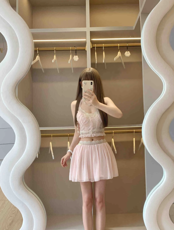 Sweet Light Pink Two Piece Halter Ruffle Lace Trim A Line Airy Chiffon Short Homecoming Dress AS1100