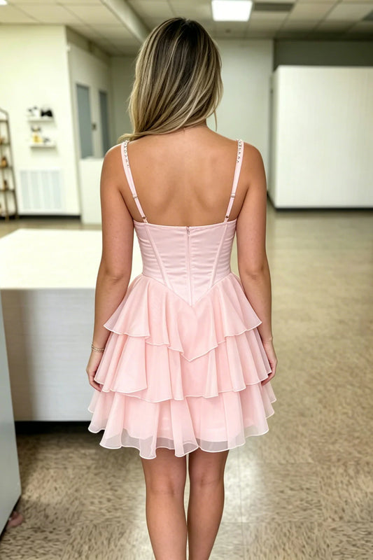 Chic Blush Pink Rhinestone Trim Square Neck Straps Corset Multi-Layer Ruffle Tulle A Line Short Homecoming Dress AS1103