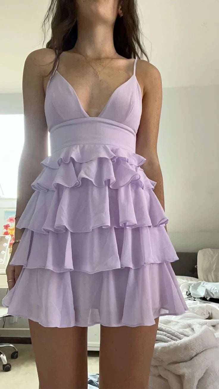 Fairy Lavender Spaghetti Straps Deep V Tiered Ruffle Chiffon A Line Short Homecoming Dress AS1107