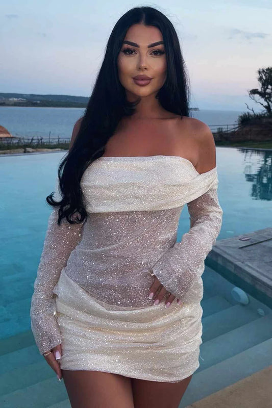 Glam White Off Shoulder Long Sleeve Ruched Bodycon Sheer Sparkle Tulle Mini Homecoming Dress AS1108