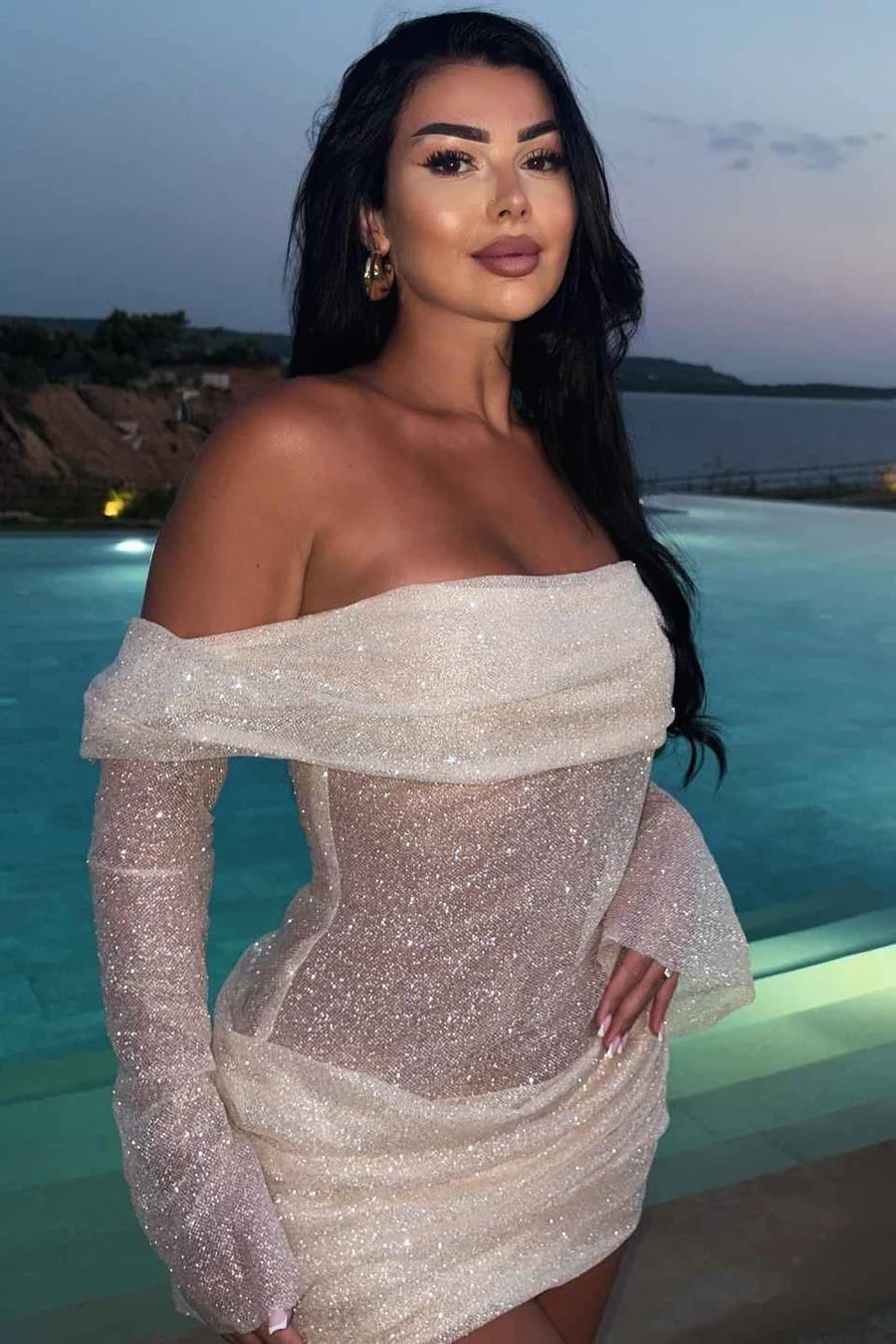 Glam White Off Shoulder Long Sleeve Ruched Bodycon Sheer Sparkle Tulle Mini Homecoming Dress AS1108