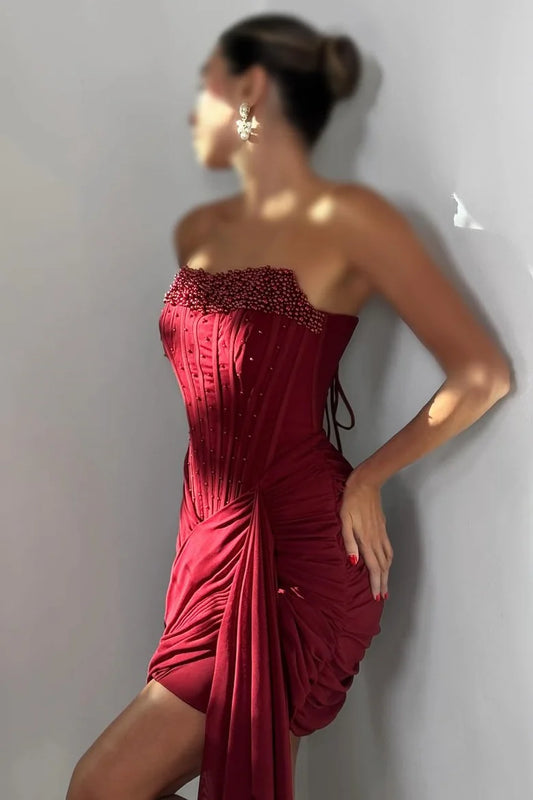 Glam Burgundy Strapless Beaded Corset Side Ruched Long Draped Chiffon Train Short Bodycon Homecoming Dress AS1121