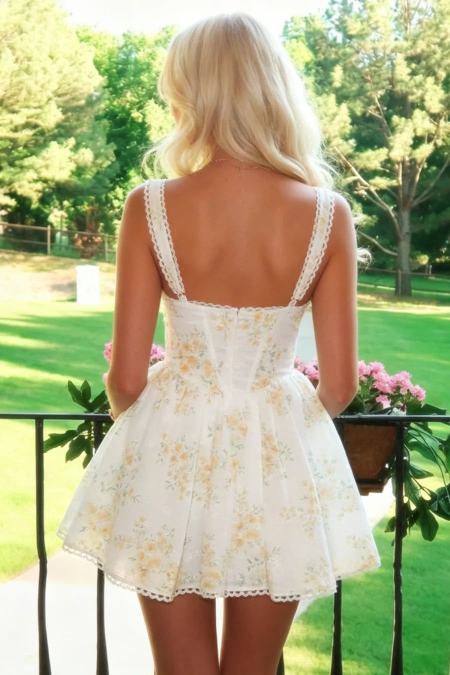 Gorgeous White Yellow Floral Print Straps Mini A Line Homecoming Dress AS1145