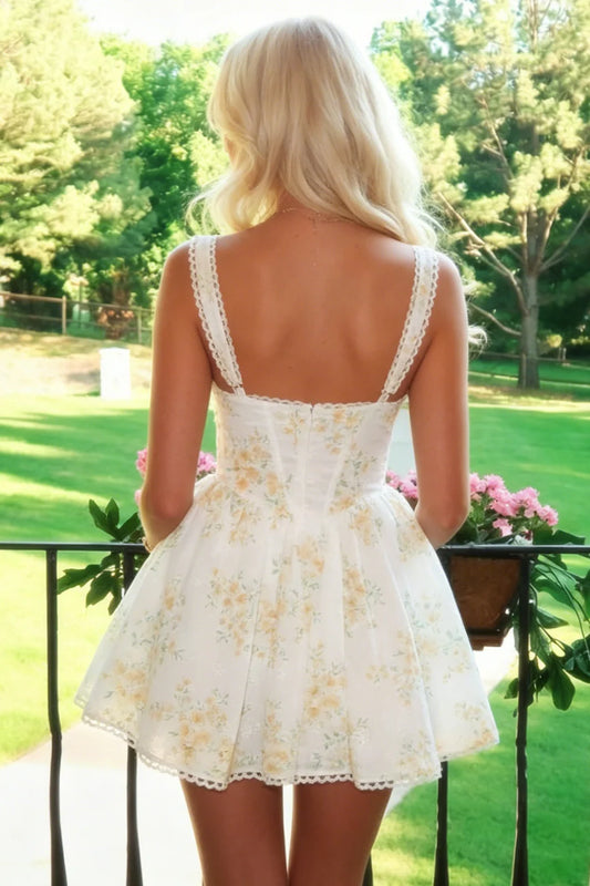 Gorgeous White Yellow Floral Print Straps Mini A Line Homecoming Dress AS1145