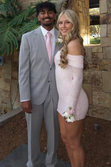 Hot Sale Glitter Pink Off-Shoulder Sequined Long Sleeves Bodycon Mini Homecoming Dress AS1146