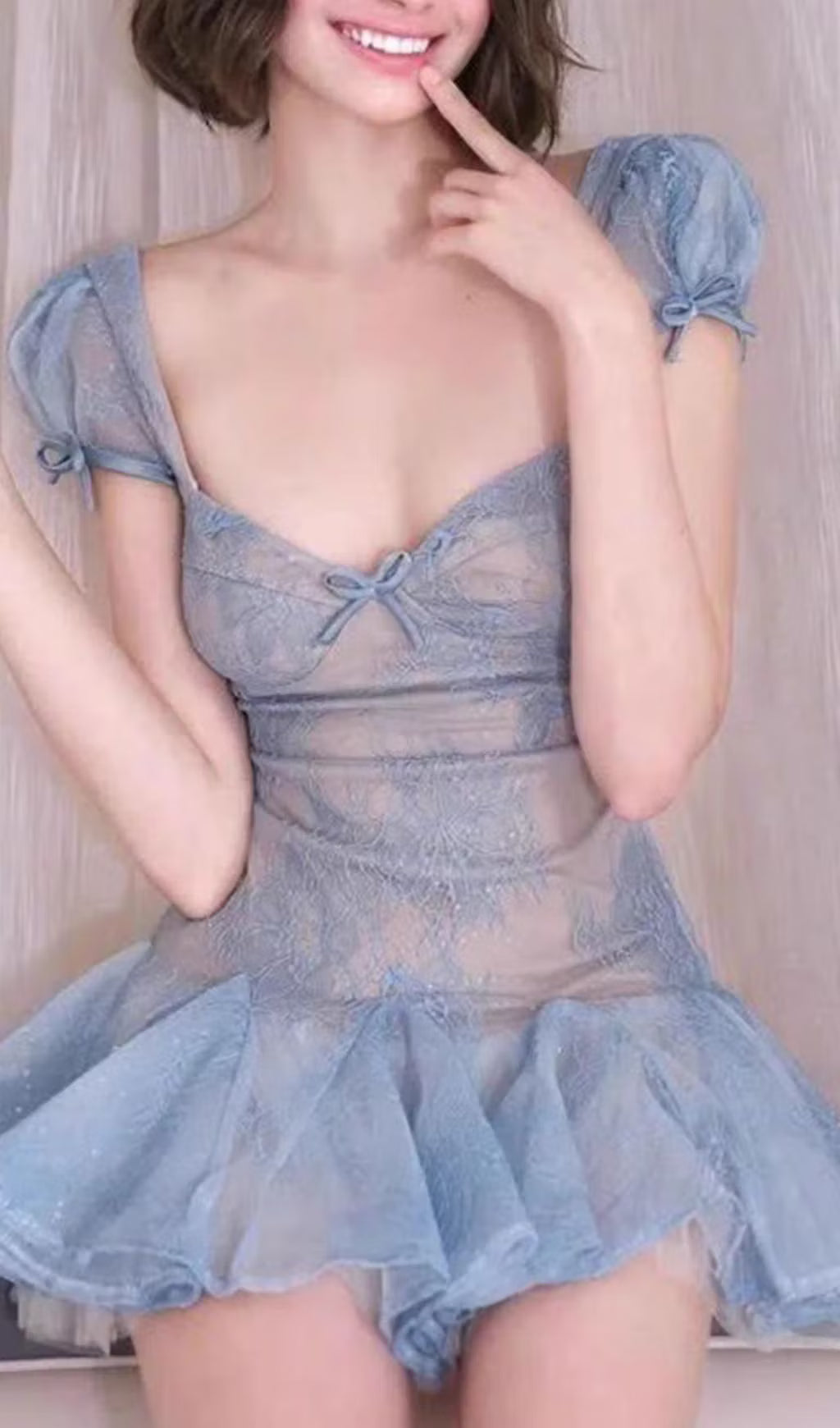 Gorgeous Blue Sweetheart Neck Puff Short Sleeve Sheer Floral Lace Sequin A Line Short Homecoming Dress AS1158