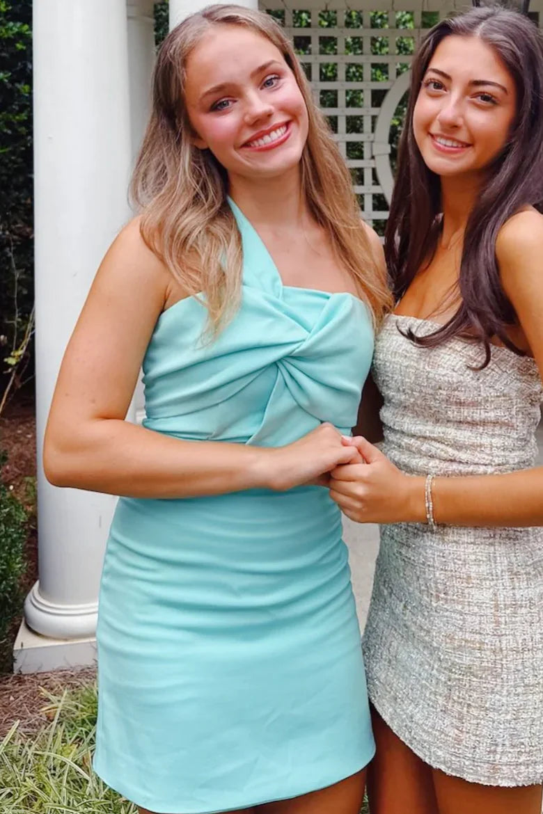 Chic One Shoulder Twist Satin Pleats Bodycon Mini Homecoming Dress AS1168