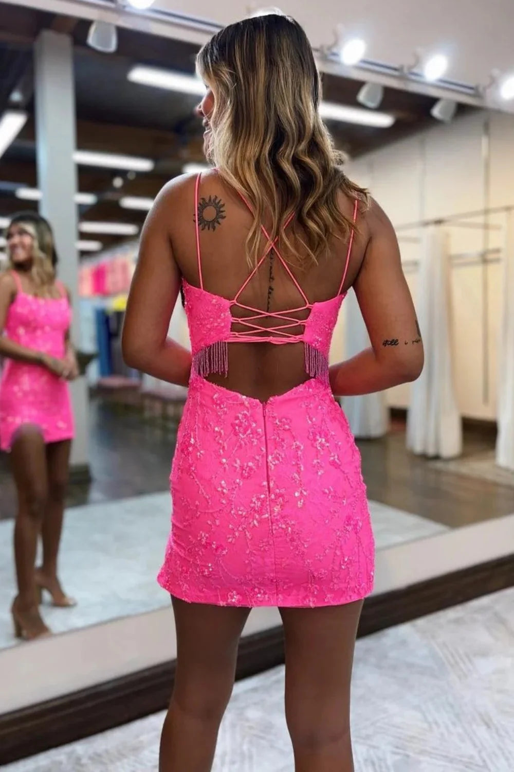 Hot Pink Sequin Lace Up Spaghetti Strap Homecoming Dress With Fringe Hem Detail AS117