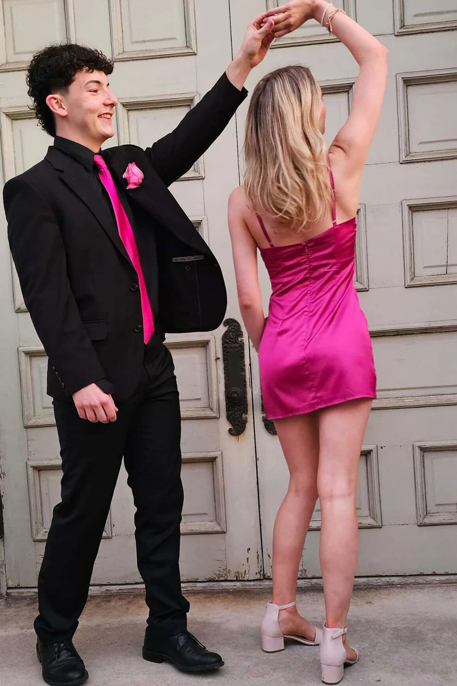 Cute Hot Pink Spaghetti Straps Pleats Sweatheart Neck Bodycon Satin Mini Homecoming Dress AS1170