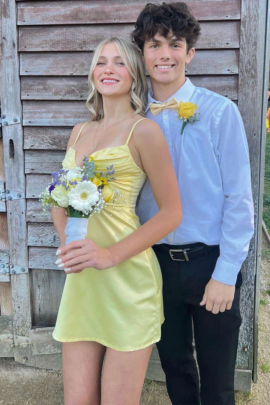 Bright Yellow V-Neck Spaghetti Straps Pleats Satin A-Line Mini Homecoming Dress AS1171