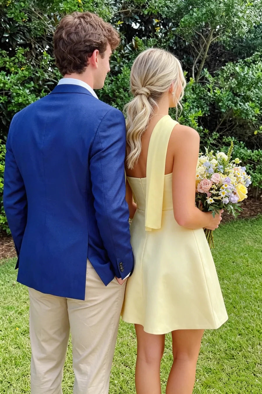 Vibrant Yellow Strapless Pleats Satin Empire-Waist A-Line Short Homecoming Dress With Neck Scarf AS1175