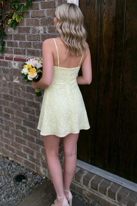 Sparkle Yellow Spaghetti Straps Sweetheart Neck Sequins A-Line Short Homecoming Dress AS1176