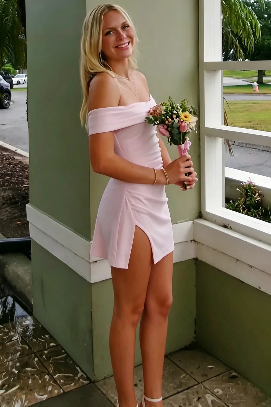 Elegant Pink Off-Shoulder Side Slit Satin Bodycon Mini Homecoming Dress AS1180