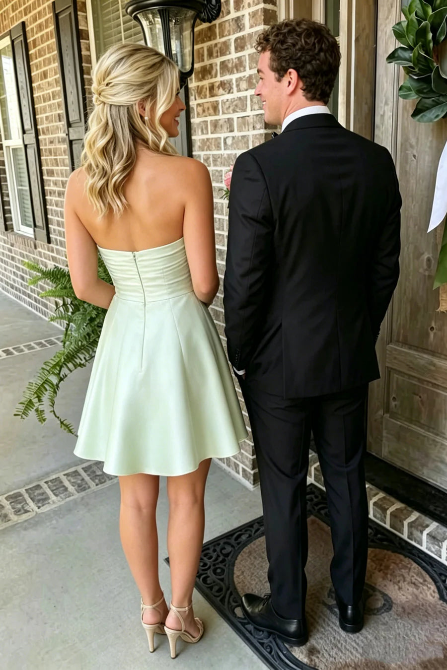 Chic Mint Strapless Pleats Satin A Line Short Homecoming Dress AS1188