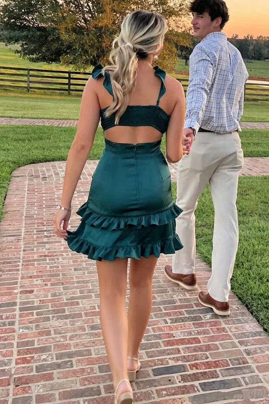 Opulent Teal V-Neck Twist Cutout Straps Tier Ruffle Hem Satin Bodycon Short Homecoming Dress AS1195
