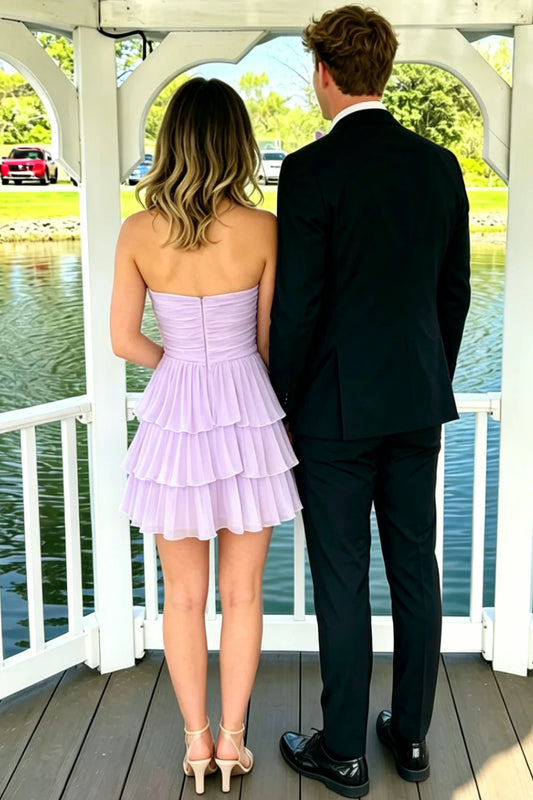 Gentle Lavender Strapless Ruched Sweetheart Neck Tier Chiffon A Line Short Homecoming Dress AS1201