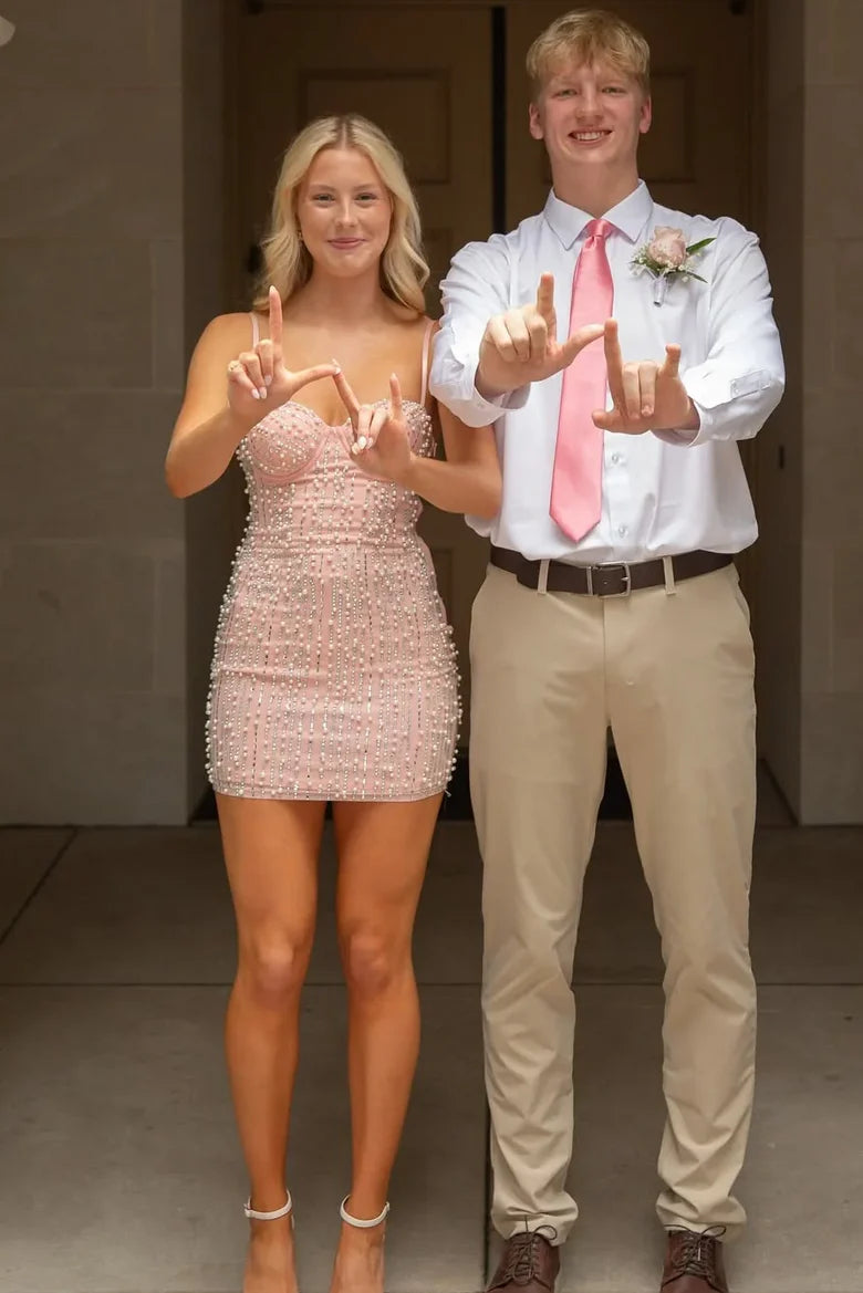 Charming Light Pink Spaghetti Straps Sweetheart Neck Beaded Bodycon Homecoming Dress AS1256