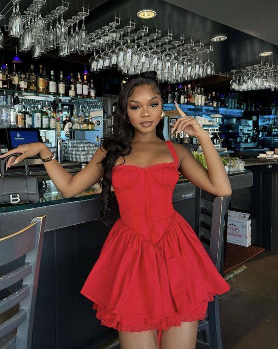 Chic Bright Red Straps Sweetheart Corset Bust Satin A Line Short Homecoming Dress AS1264