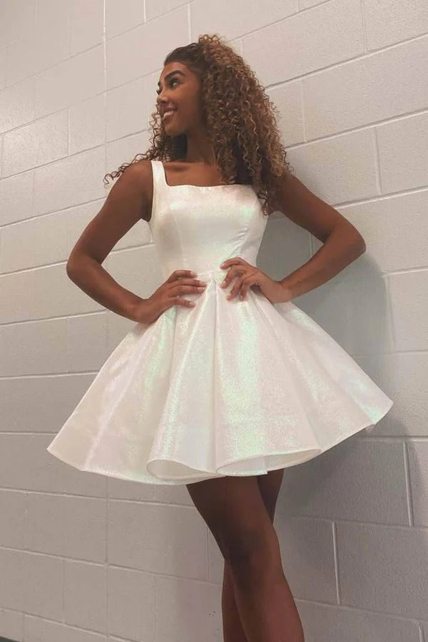 Chic White Square Neck Straps Shimmer A-Line Short Homecoming Dress AS1302