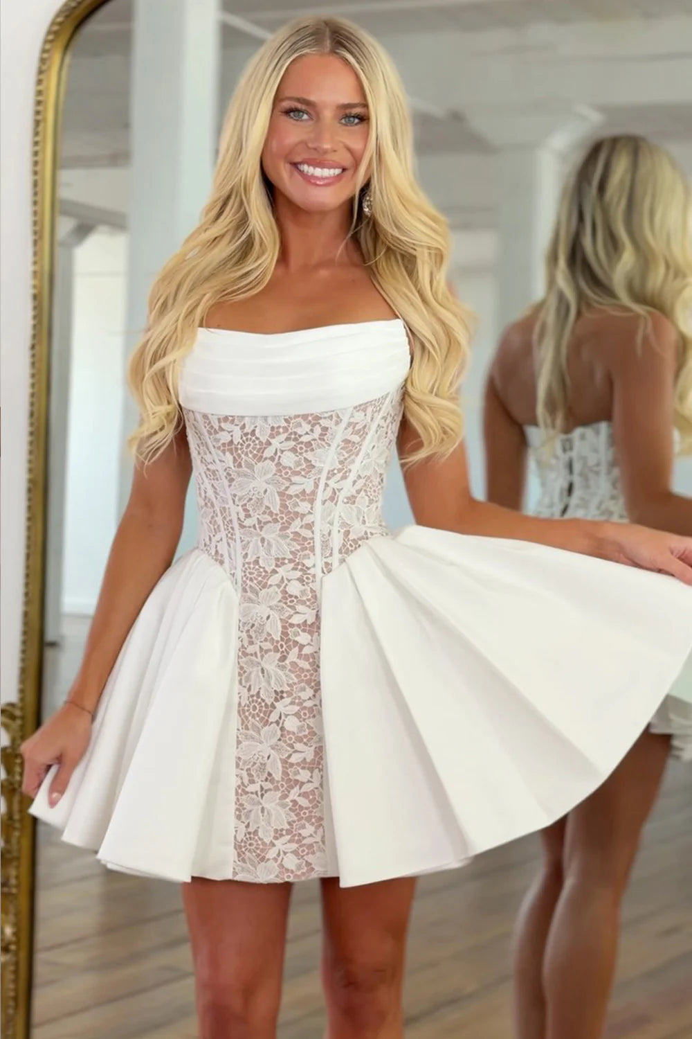 Classic White Strapless Floral Lace A-Line Short Homecoming Dress AS1307