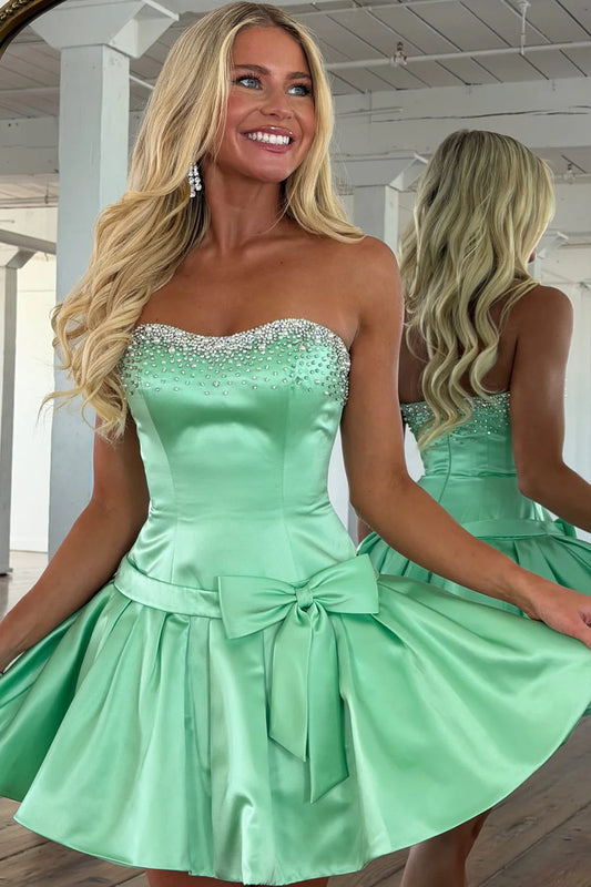 Gorgeous Mint Green Strapless A Line Short Homecoming Dress With Beaded Neckline And Bow AS1315