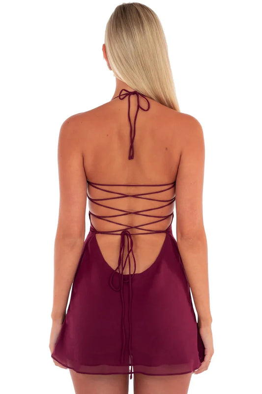 Stylish Burgundy Halter Neck Criss Cross Back Short A Line Homecoming Dress AS1327
