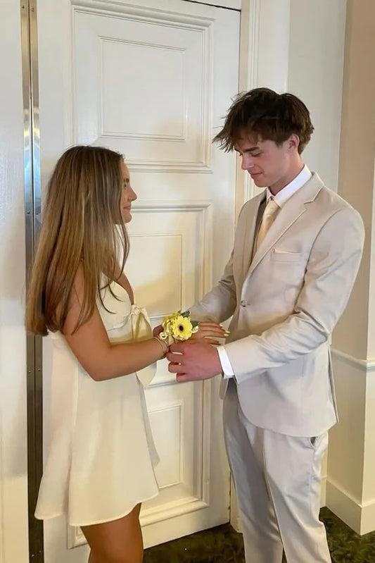 Pretty V Neck Straps Light Yellow A Line Short Homecoming Dress With Bowknot AS1328