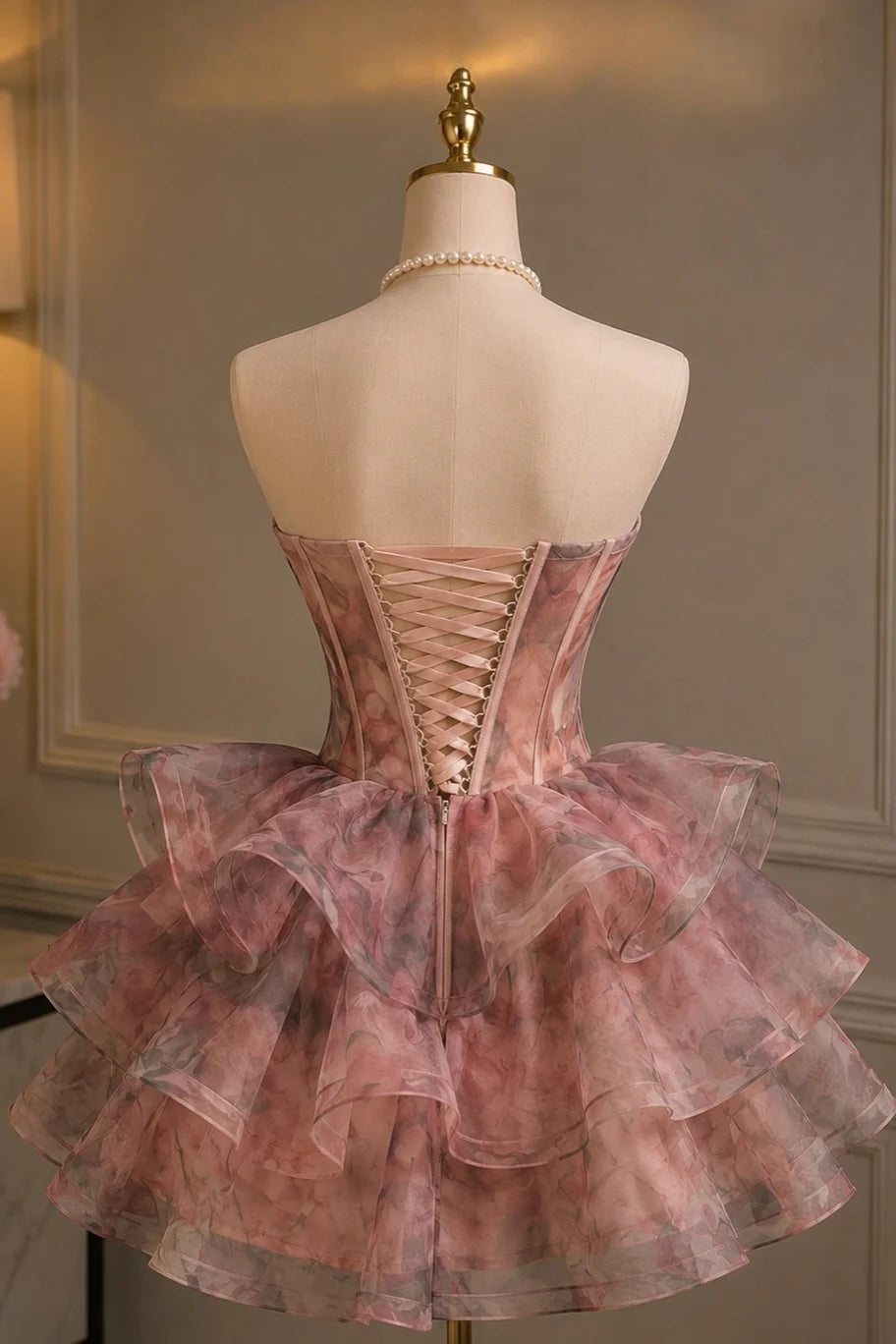 Gorgeous Pink Runched Sweetheart Neck Floral Printed Corset A Line Short Homecoming Dress AS1336