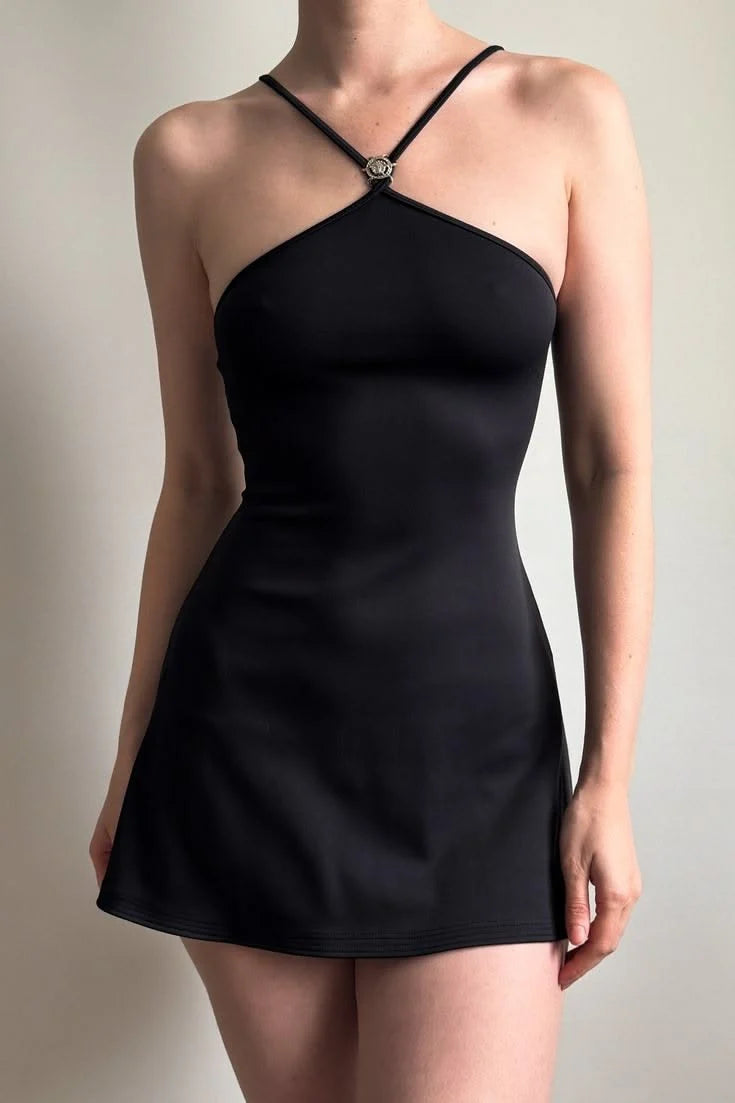 Simple Black Halter Neck A Line Short Homecoming Dress AS1338