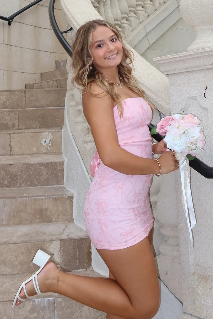 Cute Strapless Light Pink Bow Sequin Short Bodycon Homecoming Dress AS1340