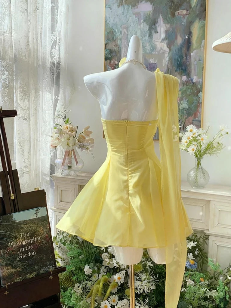 Glam Yellow One Shoulder Floral Detail Satin Corset Bubble Tulle A Line Short Homecoming Dress AS1348