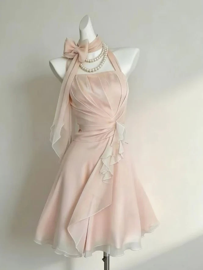 Elegant Blush Pink Halter Neck Pleated Chiffon Bow Neck Flowy A Line Short Homecoming Dress AS1351