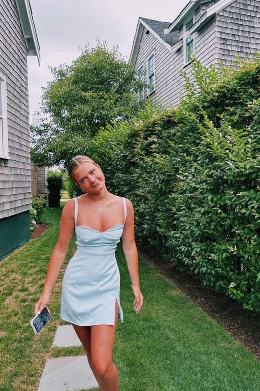 Cute Sheath Spaghetti Straps Light Blue Satin Short Homecoming Dress With Slit AS136