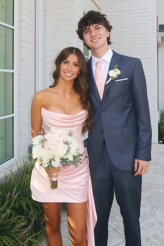 Elegant White Strapless Cowl Neck Draped Satin Side Long Sash Short Sheath Homecoming Dress AS1366