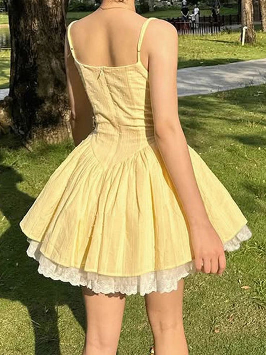 Lovely Yellow Spaghetti Straps Ruched Bust Corset White Lace Hem A Line Short Homecoming Dress AS1374