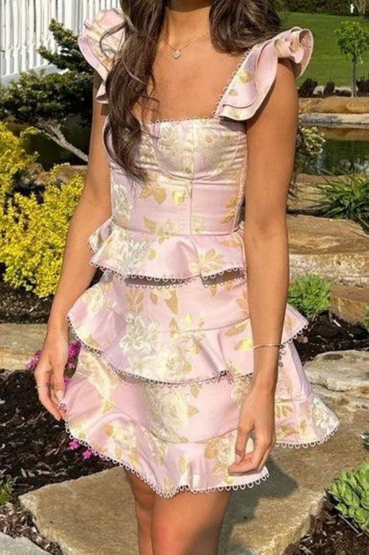 Fashionable A Line Square Neck Pink Short Homecoming Dress With Ruffles AS138