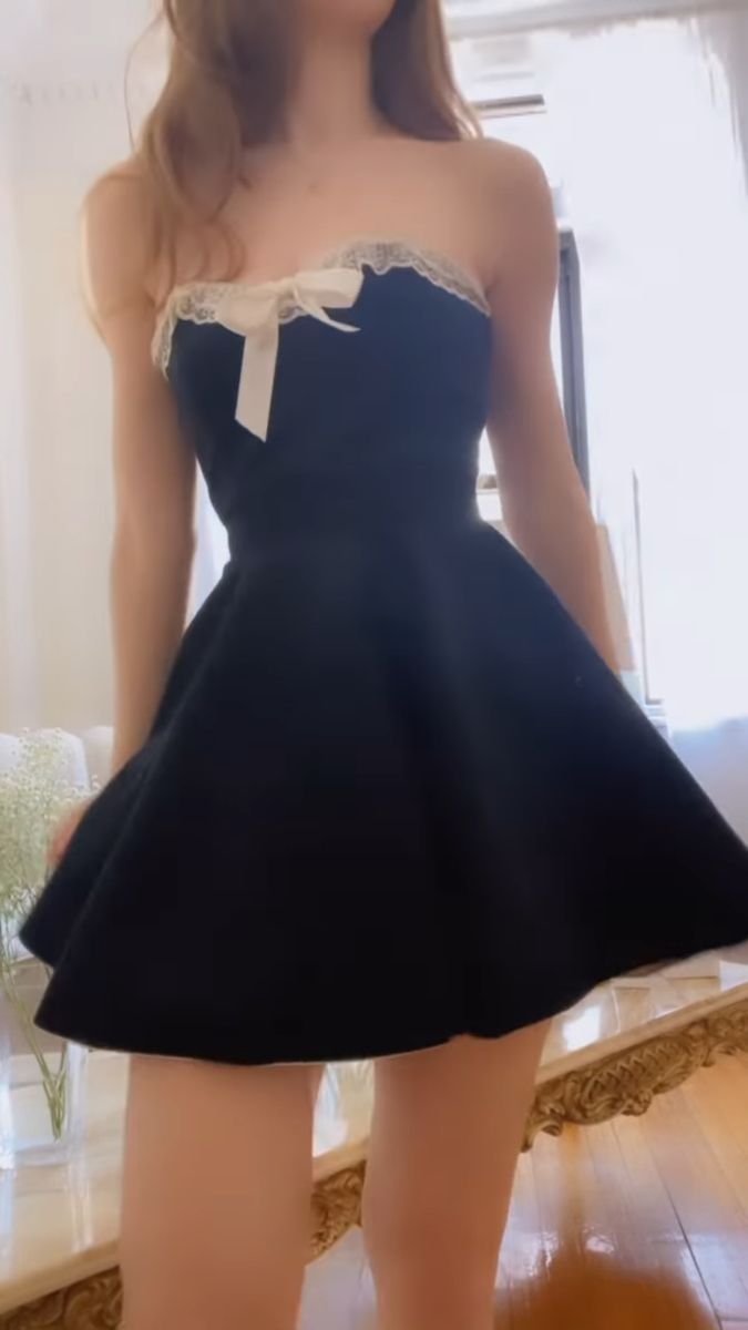 Chic Black Strapless White Lace Trim Front White Bow A Line Short Homecoming Dress AS1388