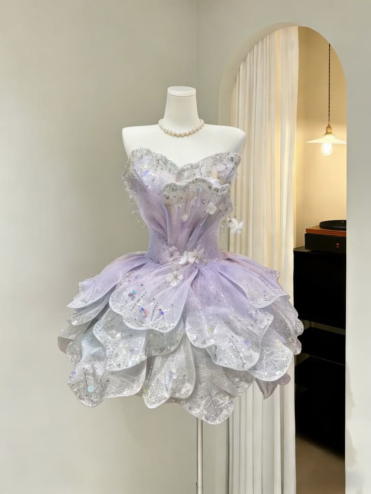 Gorgeous Lavender Strapless Sequin Multi-Layer Petal Glitter Tulle A Line Short Homecoming Dress AS1389