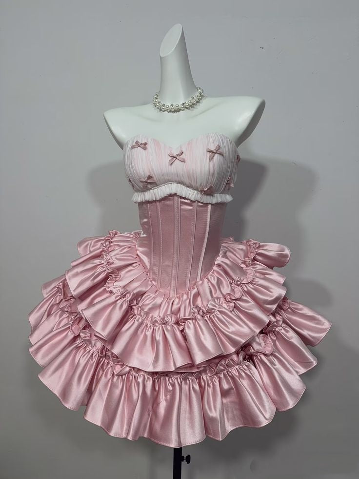 Lovely Pink Strapless Ruched Top Corset Multi-Layer Ruffle Satin A Line Short Homecoming Dress With Bows AS1390