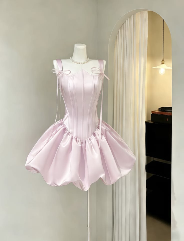 Elegant Pink Bow Straps Corset Satin A Line Bubble Short Homecoming Dress AS1393