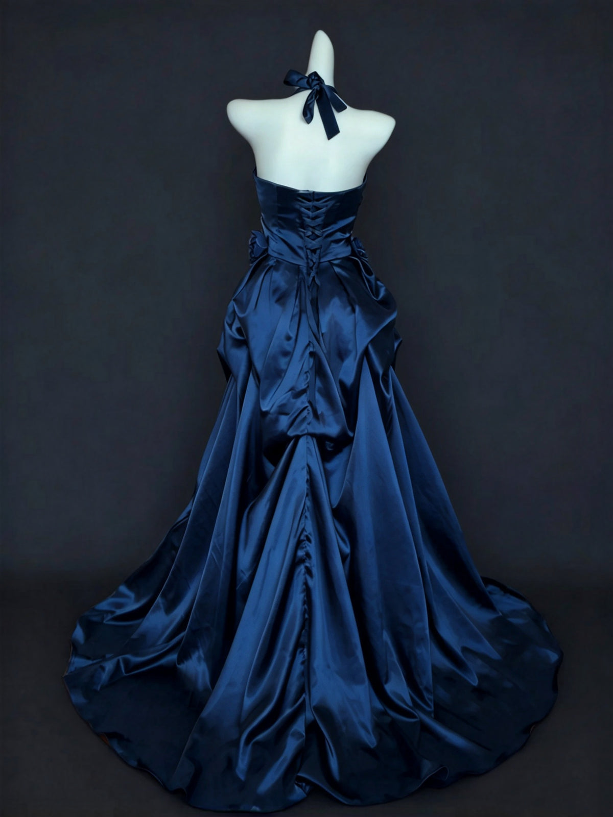 Opulent Navy Satin Halter Draped Ruffled Floral A-Line Long Prom Dress AD1398