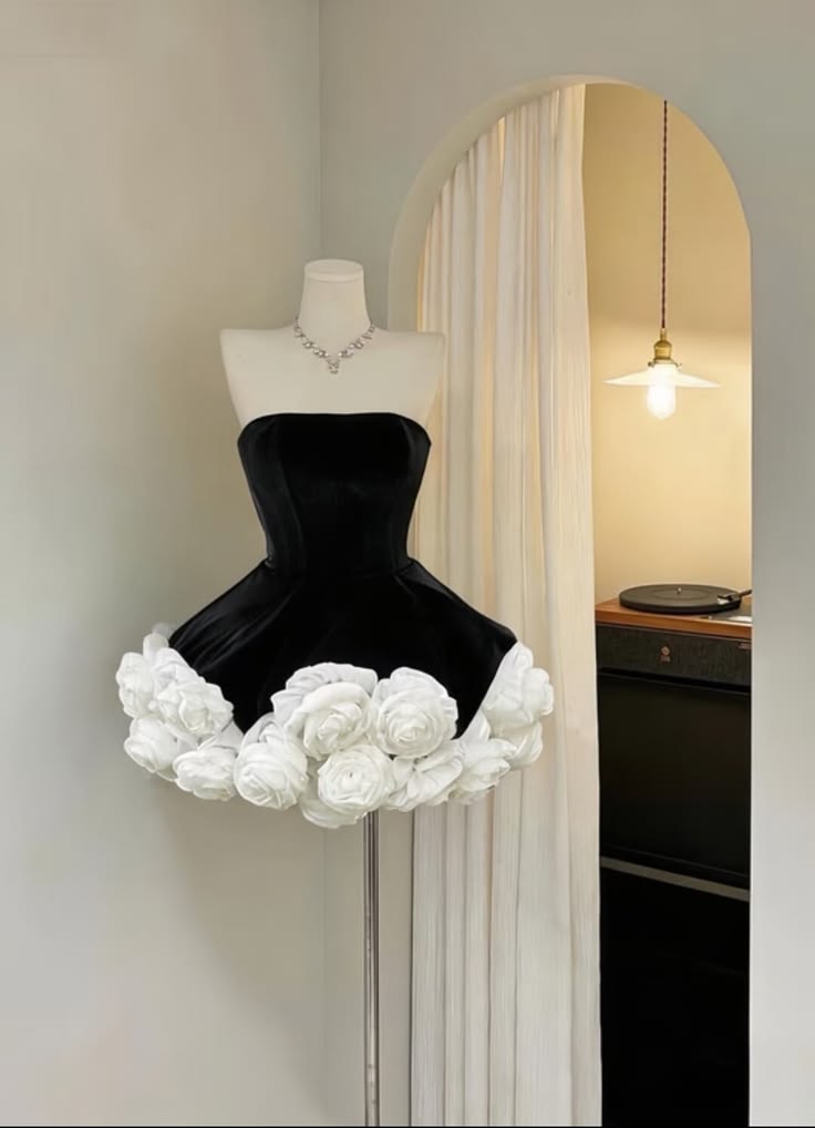 Elegant Black Strapless White 3D Rose Floral Hem Short A Line Homecoming Dress AS1399
