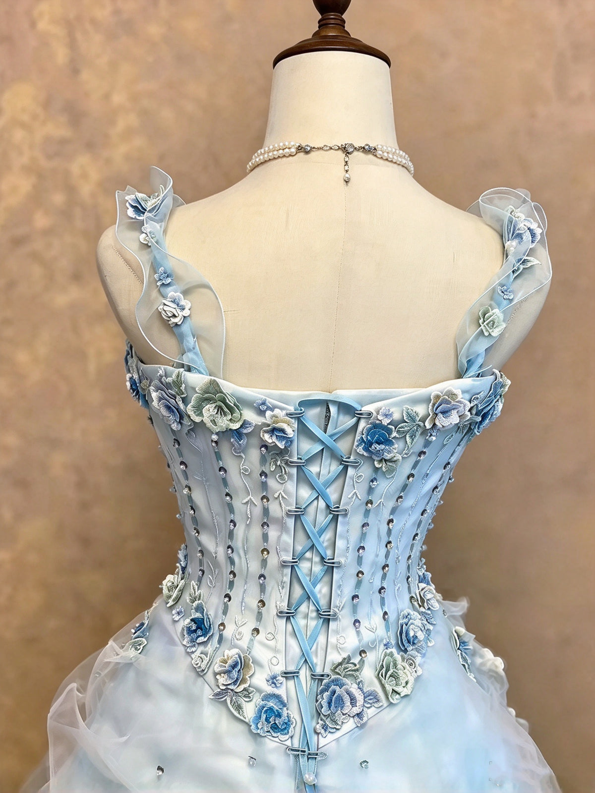 Ethereal Ice Blue Sweetheart Straps Beaded 3D Floral A-Line Long Prom Dress AD1400