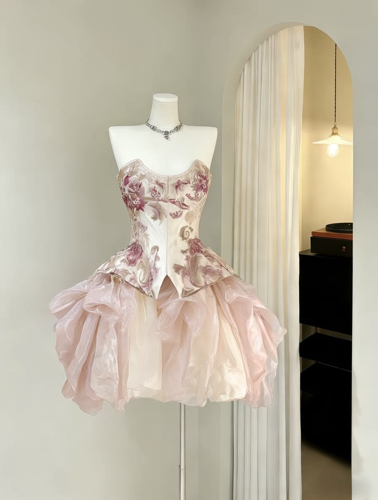 Glam Romantic Pink Strapless Floral Jacquard Corset A Line Organza Ruffle Short Homecoming Dress AS1408