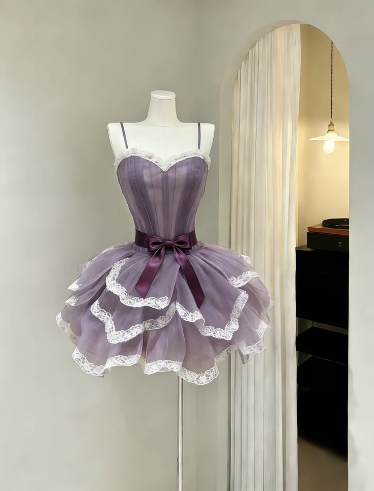 Chic Purple Spaghetti Straps White Lace Trim Sweetheart Neck Satin Waist Bow Multi-Tier Tulle A Line Short Homecoming Dress AS1409