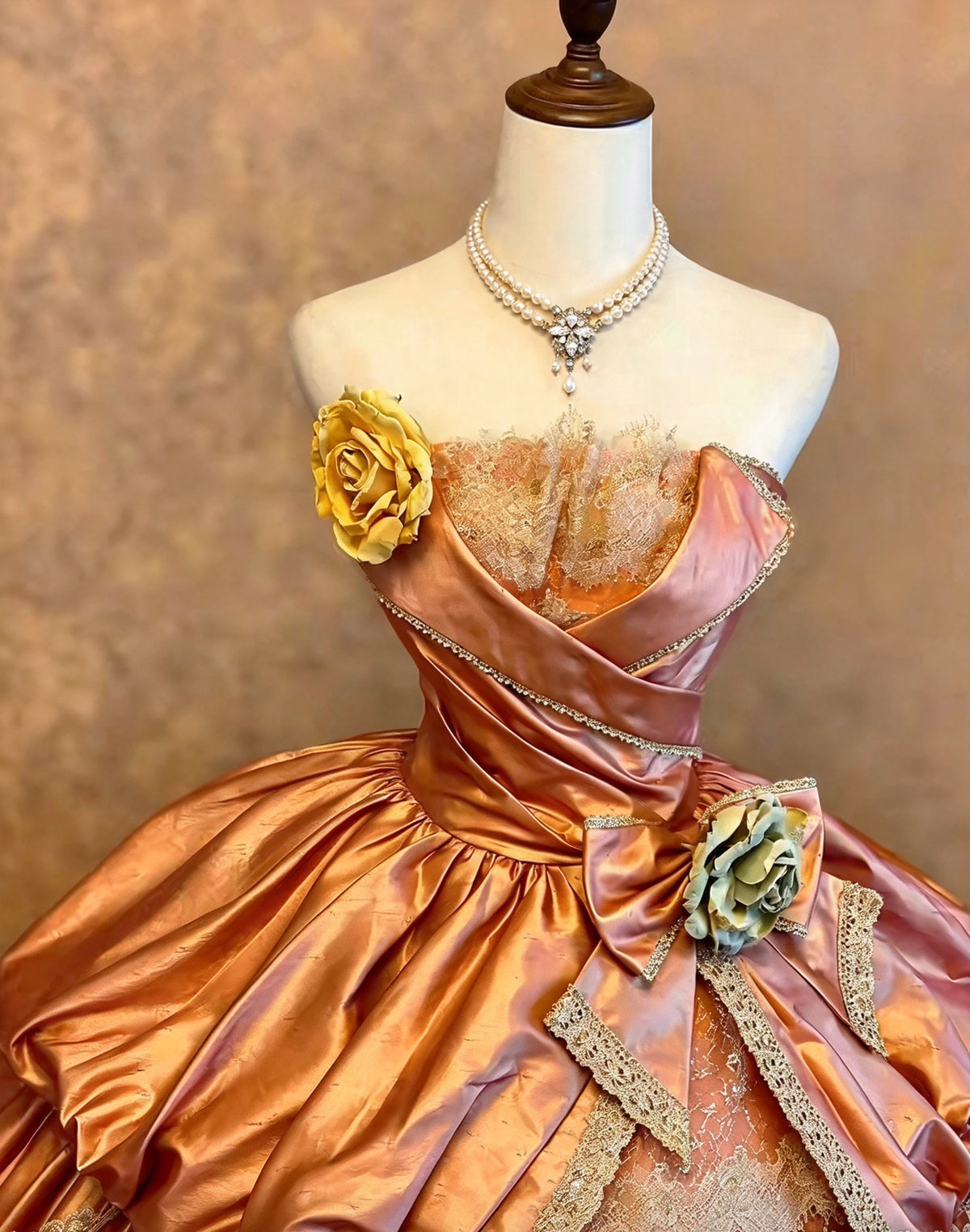 Vintage Copper Pink Strapless Satin 3D Flower Bow Lace Tiered A-Line Ball Gown Long Prom Dress AD1410