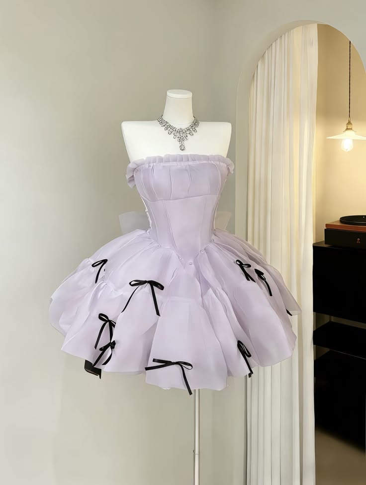 Lovely Lavender Strapless Ruffle Trim Mini Black Bow Detail A Line Puffy Tulle Short Homecoming Dress AS1410