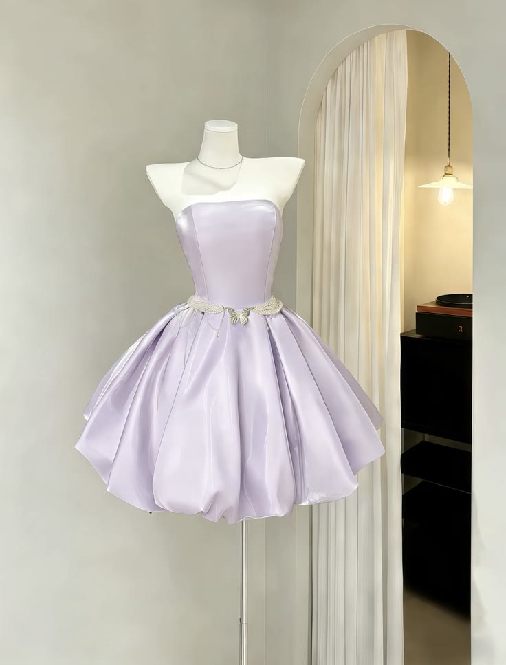 Elegant Lavender Strapless Satin A Line Short Homecoming Dress With Beaded Belt AS1411