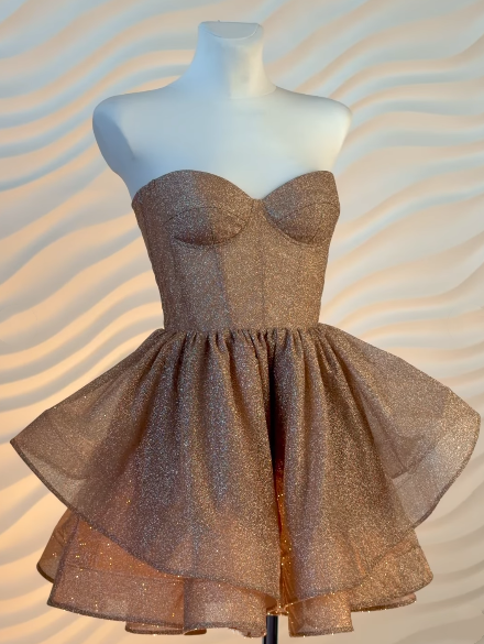 Sparkle Champagne Strapless Sweetheart Glitter Tulle A Line Short Homecoming Dress AS1418