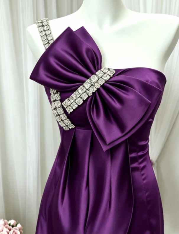 Chic Dark Purple Single Rhinestone Strap Oversized Front Satin Bow Satin Bodycon Mini Homecoming Dress AS1420